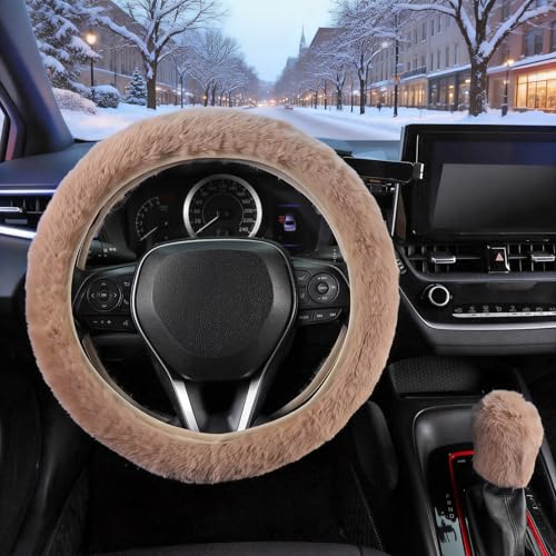 SEG Direct Furry Car Steering Wheel Cover with Gear Shift Cover, Soft and Warm, Cute Fluffy Auto Decor for Women Men, Standard Size, 2 PCS Set, Khaki - color: Khaki