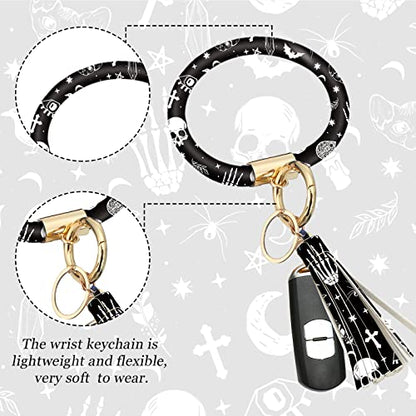 4 Pieces Black Moons White Stars Print Car Accessories Set Black Moons White Stars Steering Wheel Cover with 2 Pieces Car Cup Holder and Leather Keyring for Truck Suv(Horror Pattern)