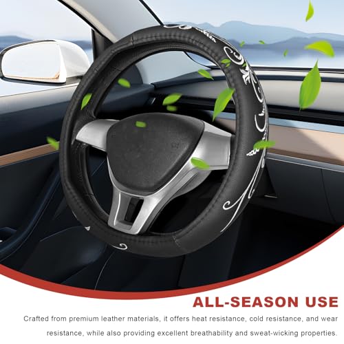Car Steering Wheel Cover, 14.5-15 Inch Comfortable Anti-Slip Embroidery Auto Steering Wheel Protector, Breathable Leather Wheels Covers for Most Vehicles, Car Accessories (Black & White)