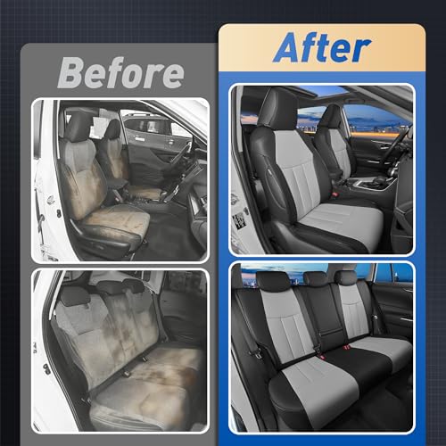 RAV4 Full Coverage Car Seat Covers for Toyota RAV4 2019-2025 Gas LE XLE XLE Premium Limited, Custom Fit Faux Leather Seat Covers Full Set, Water-Resistant Automotive Seat Protectors-Black Gray
