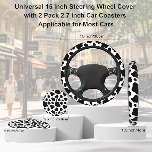 Cow Print Steering Wheel Cover with 2 PCS Cup Coasters for Car,Black and White Cow Print 15 Inch Non-Slip Neoprene Steering Wheel Covers,Breathable Car Accessories Fit for Men Women - color: Cow Print