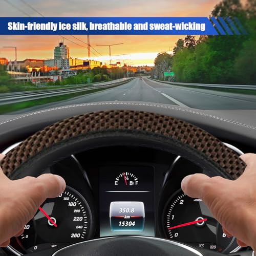 Elastic Stretch Steering Wheel Cover, 15" Breathable Microfiber Ice Silk Steering Wheel Protector, Universal Anti-Slip Car Warm in Winter&Cool in Summer Accessories for Men Women (Coffee) - color: Coffee