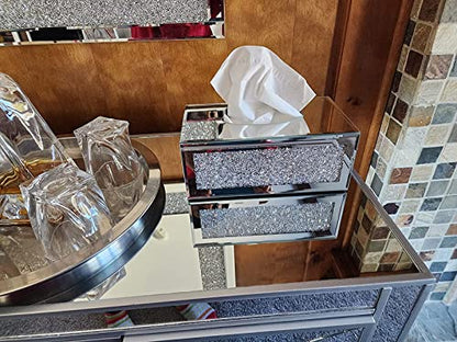 Wocred Rectangular Mirrored Tissue Box Cover,Crystal Crushed Diamond Tissue Box,Silver Luxury Tissue Holders for Either Tissues in a Bathroom or Napkins on a Table.(10”x5.7”x4”) - color: Silver