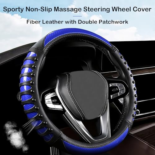 3D Massage Blue Carbon Fiber Leather Steering Wheel Cover, 14.5-15 Inch Non-Slip Breathable Microfiber Car Steering Wheel Protector - color: 3D Massage - Sports Blue