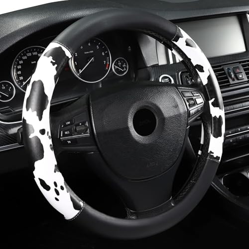 Cow Print Steering Wheel Cover, Universal 14.5-15 inch Breathable Microfiber Leather Anti-Slip Car Steering Wheel Protector for Women Men, Black&White - color: Black+White, size: Standard size(14.5''-15")