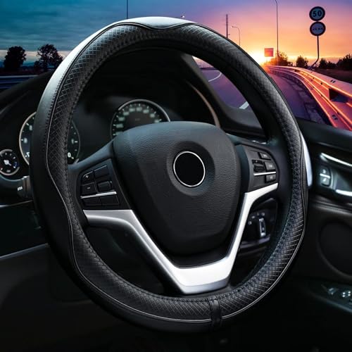 Valleycomfy Steering Wheel Covers Universal 15 inch - Genuine Leather, Breathable, Anti Slip & Odor Free (Black with Black Lines, M(14" 1/2-15" 1/4)) - color: Black with Black Lines, size: M(14"1/2-15"1/4)