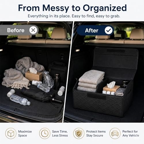 2Pack Leather Trunk Organizer for SUV & Sedans - Extra Large Foldable Car Storage Box with Lid, Adjustable Removable Dividers and Carry Handle, Collapsible Auto Cargo Organizer Black