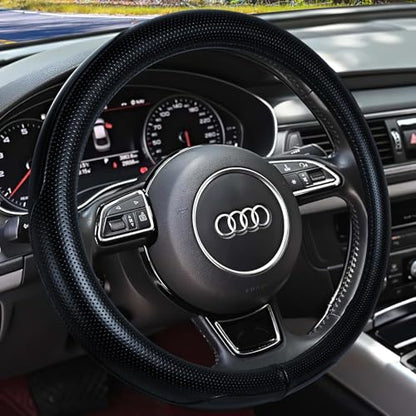 Haokay Heavy Duty Pure Cowhide Steering Wheel Cover, Genuine Leather Steering Cover with 15 Inches Universal Fit - color: BLACK-5