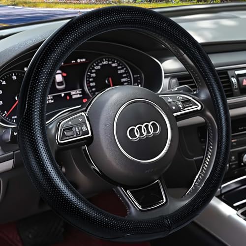 Haokay Heavy Duty Pure Cowhide Steering Wheel Cover, Genuine Leather Steering Cover with 15 Inches Universal Fit - color: BLACK-5