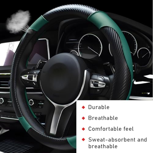 povtii Car Steering Wheel Cover, 15 Inch Leather Breathable Auto Steering Wheel Protector, Comfortable Non-Slip Vehicle Steering Wheel Covers, Universal Car Accessories (Dark Green, with Lining) - color: Dark Green, With Lining