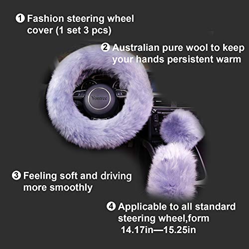 Yontree Fashion Fluffy Steering Wheel Covers for Women/Girls/Ladies Australia Pure Wool 15 Inch 1 Set 3 Pcs (Gray) - color: Gray, size: Long Wool