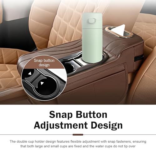 Car Armrest Cushion, Exquisite Embroidered Lines 4-in-1 Car Center Console Organizer Pad with Tissue Box, Cup Holder, 2 Storage Bags, Universal for Most Cars (Coffee)