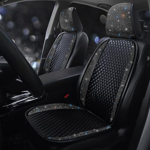 Luxury PU Leather Auto Seat Cover Protector Rhinestone Crystal Glitter Vehicles Front Seat Pad Mat Bling Bling Diamond Car Interior Accessories for Women, Lady - Universal Fit Black 2Seats - color: Black 2 Front Seats