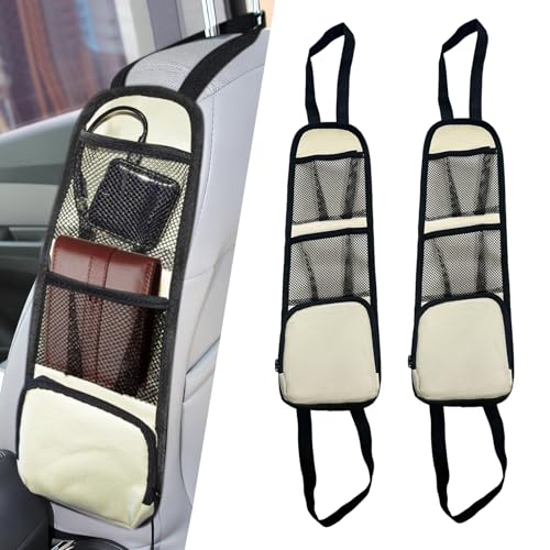 2PCS Car Seat Side Organizer, Seat Side Storage Pocket, Multifunctional Mesh Net Pocket, Car Multi-Pockets Backseat Organizer Side Hanging Bag for Storage Coins, Cell Phones (Beige, 2PCS) - color: Beige, size: 2PCS