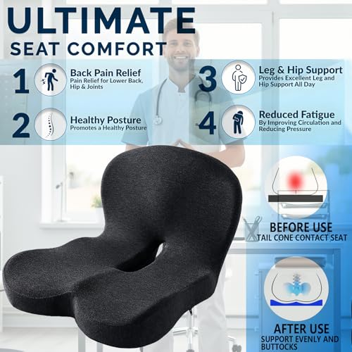 Memory Foam Seat Cushion for Truck Drivers, Office Chairs & Car Seats – Back Support & Sciatica Relief Pillow for Tailbone – Ergonomic Pressure Relief Pad for Long Sitting & Driving (Black)