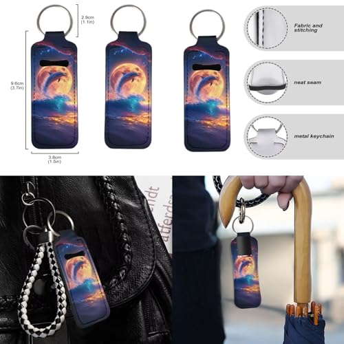 Dolphin Moon Printed 15 Pcs Car Seat Cover Full Set, Stretchy Car Accessories Set Front Rear Seat Covers with Steering Wheel Cover Car Headrest Cover Seat Belt Covers Car Coaster - color: Purple and Orange-Dolphin Moon