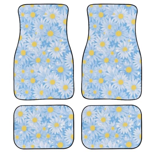 Daisy Car Rubber Floor Mat 4PCS, Blue Flower Field Front and Rear Mats, Countryside Fresh Flower Non-Slip Floor Mats Heel Pad Fit for SUV Van Truck Car - color: Blue Daisy Flower Field