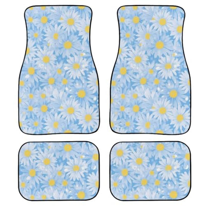 Daisy Car Rubber Floor Mat 4PCS, Blue Flower Field Front and Rear Mats, Countryside Fresh Flower Non-Slip Floor Mats Heel Pad Fit for SUV Van Truck Car - color: Blue Daisy Flower Field