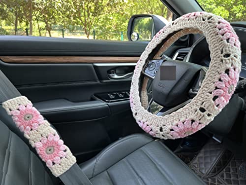 Crochet Sunflower Car Steering Wheel Covers Light Pink Universal 14-15 inch for Women/Men (Steering Wheel Cover+2 Belt Cover) - color: Steering Wheel Cover+2 Belt Cover