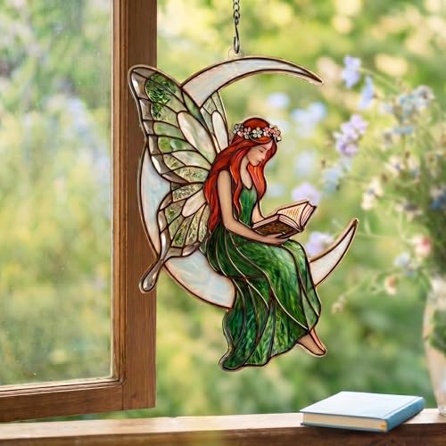 Stained Glass Fairy Sitting on Crescent Moon Decorative Hanging Ornament, Stained Acrylic Fairy Reading a Book Suncatcher, Car Rearview Mirror Charm, Gift for Fairy Lovers, Women,Girls,Teachers,Sun-39