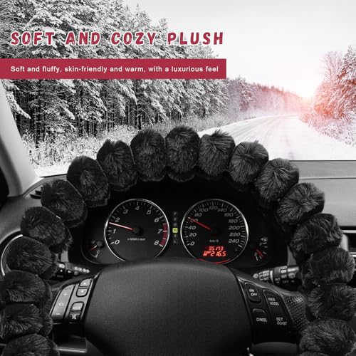 Fluffy Car Steering Wheel Cover, Soft Warm Plush Vehicle Steering Wheel Protector, 14.5-15 Inches Cute Anti-Slip Automotive Handle Cover for Women Girl, Car Accessories (Black) - color: Black