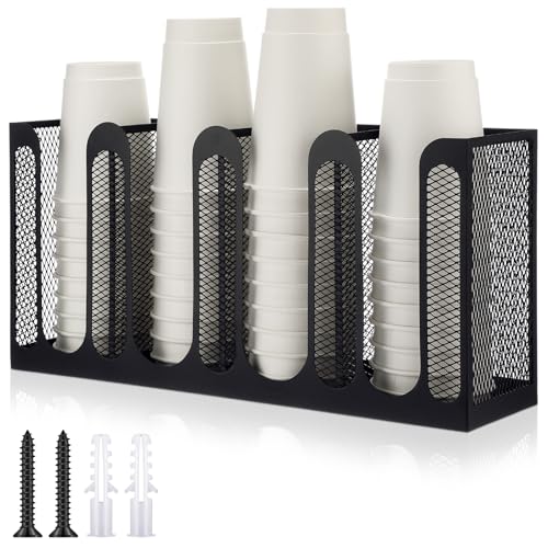 Metal Mesh Cup and Lid Holder Coffee Paper Cup Dispenser Lid Holder Storage Organizer Countertop or Wall Mount for Coffee Bar, Kitchen, Breakroom(4 Compartments,16.1 x 4.1 x 8 Inch) - color: Metal, size: 16.1 x 4.1 x 8 Inch, style: 4 Compartments