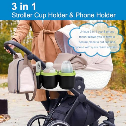 Accmor Stroller Cup Holder with Phone Holder, Bike Cup Holder, Universal Cup Holder for Uppababy Nuna Doona Strollers, 2-in-1 Cup Holder for Walker, Wheelchair, Scooter - color: Double Holder-Green