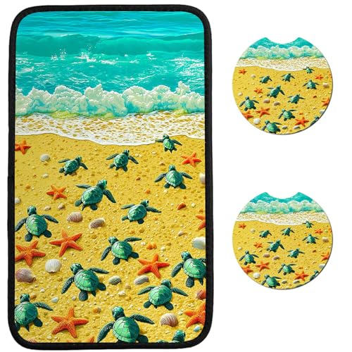 Universal Auto Center Console Pad and 2Pcs Car Coasters Set, Anti Slip Soft Neoprene Car Armrest Seat Box Cover Protector for Most Vehicle - Car Interior Accessories, Beach Turtle - color: Beach Turtle