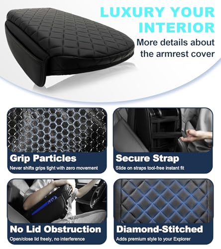 Center Console Cover for Ford Explorer Arm Rest Lid, Diamond Quilted Armrest Pad with 1-Inch Comfort Lift (2011-2019)