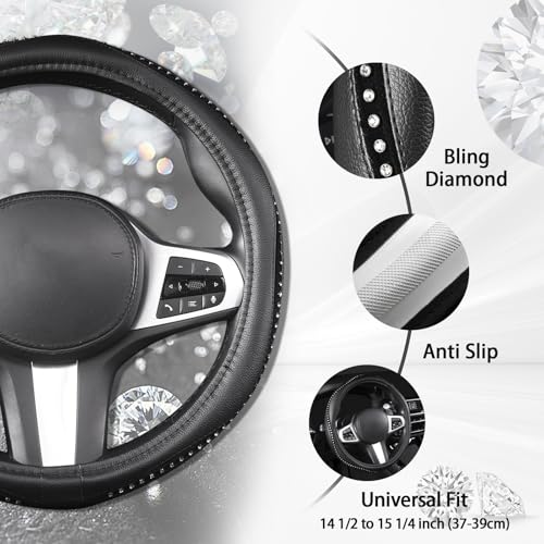 Bling Steering Wheel Cover - Crystal Studded Rhinestone Non-Slip Breathable Design for Women/Girls, Universal Fit 14.5-15 Inch Black
