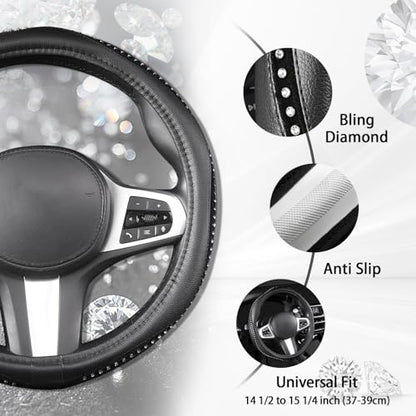 Bling Steering Wheel Cover - Crystal Studded Rhinestone Non-Slip Breathable Design for Women/Girls, Universal Fit 14.5-15 Inch Black