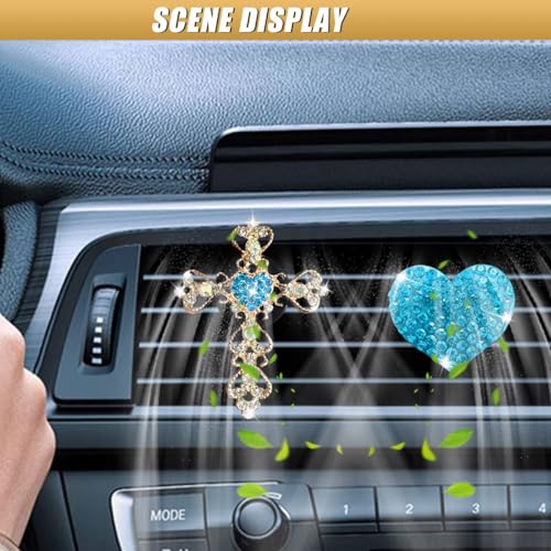 2PCS Bling Cross & Heart Car Dashboard Air Vent Trim Clip, Sparkly Rhinestone Car Air Vent Clips, Diamond Auto Diffuser Charm Clip, Auto Interior Decoration Accessory for Women Girls (Blue) - size: Blue