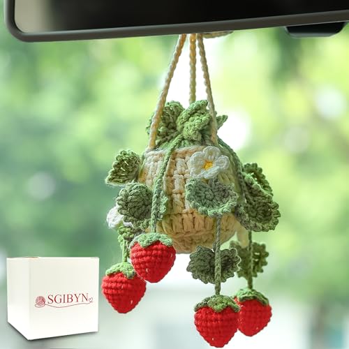 Crochet Hanging Plant for Car,Car Decorations Interior,Plant Strawberry Aesthetic Car Accessories for Women Interior Cute,Car Ornaments Charms for Rear View Mirror,Boho Car Decoration Gifts - color: Mint Green Leaves Strawberry
