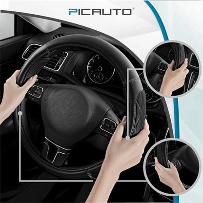 PIC AUTO Steering Wheel Cover, Black Thick Rhombic Foam and Premium Leather, Universal 14.5-15.5 Inch Breathable Anti-Slip Steering Wheels Accessories for Men & Women - color: Black