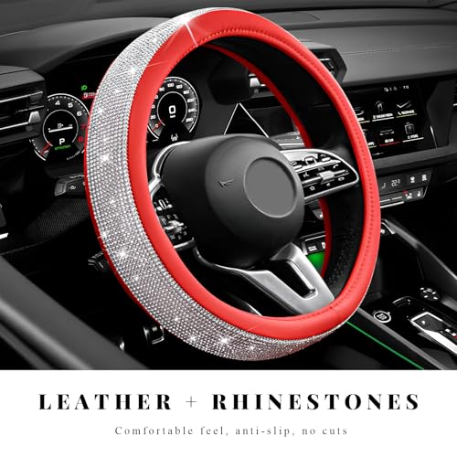 Diamond Leather Steering Wheel Cover, 15 Inch Bling Crystal Rhinestone Anti-Slip Wheel Protector, Universal Sparkling Elegant Diamond Steering Wheels Cover for Women Girl (White&Red) - color: White&Red