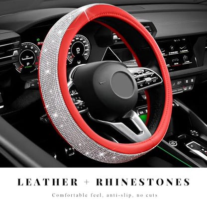 Diamond Leather Steering Wheel Cover, 15 Inch Bling Crystal Rhinestone Anti-Slip Wheel Protector, Universal Sparkling Elegant Diamond Steering Wheels Cover for Women Girl (White&Red) - color: White&Red