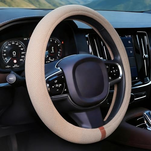 Universal Car Steering Wheel Cover for Summer, Non-Slip Breathable Cooling Steering Wheel Cover Protector with Brown Mark Upgraded Silicone Inner Ring for Summer D Shape & Round Shape, Khaki - color: Khaki Brown