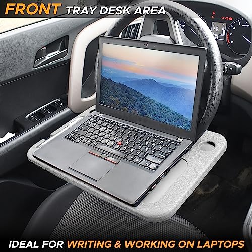 EcoNour 2 in 1 Car Steering Wheel Tray (Grey) | Multipurpose Car Steering Wheel Desk for Laptop and Food | Car Tray for Eating | Steering Wheel Accessories - size: Medium-Grey