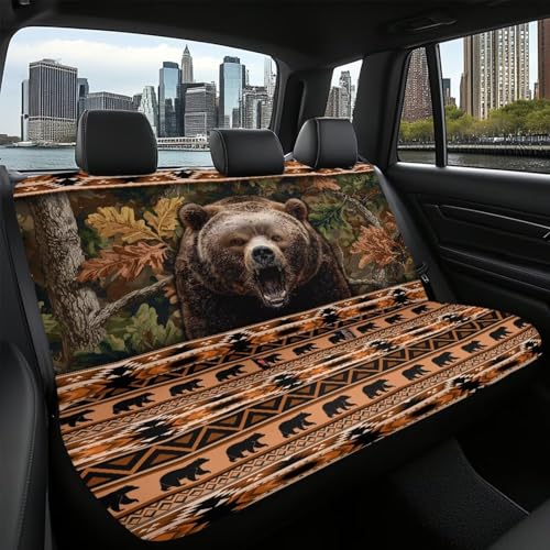 WELLFLYHOM Aztec Bear Car Seat Covers Rear Bench Seat Cover Tribal Forest Car Accessories Blue Universal Rear Seats Protective Cover for Trucks SUV - color: Aztec Bear Print