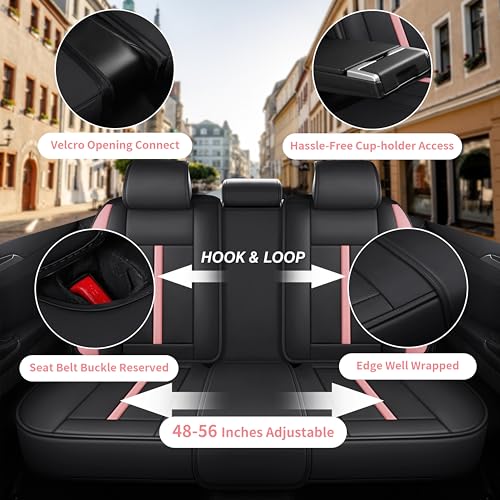 otoez Pink Car Seat Covers Full Set, 5 Seats Nappa Leather Seat Covers for Car, Breathable Automotive Front and Back Seat Protectors with Lumbar Support for Sedan SUV Truck Van, Black & Pink