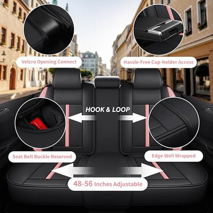 otoez Pink Car Seat Covers Full Set, 5 Seats Nappa Leather Seat Covers for Car, Breathable Automotive Front and Back Seat Protectors with Lumbar Support for Sedan SUV Truck Van, Black & Pink