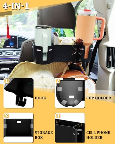 Car Headrest Backseat Cup Holder 3.7" with Organizer, High Capacity 4 in 1 Seat Back Organizer with Headrest Hooks, Multifunctional Storage for Car Travel Accessories Compatible with Most Vehicles - color: PINK+BLACK, size: 1 Pack