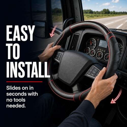18 Inch Semi Truck Steering Wheel Cover for Freightliner Cascadia, Kenworth T680 T880, Peterbilt 579, Volvo VNL - Anti-Slip Carbon Fiber Grip - Carbon Red - color: Black Red