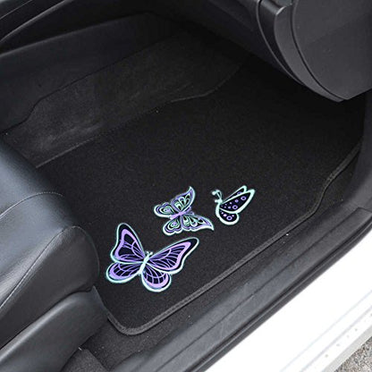 BDK Embossed Neon Purple & Green Butterflies Design Carpet Car Floor Mats for Auto Van Truck SUV-4 Pieces Front & Rear Full Set with Rubber Backing-Universal Fit - color: Neon Butterflies Mats