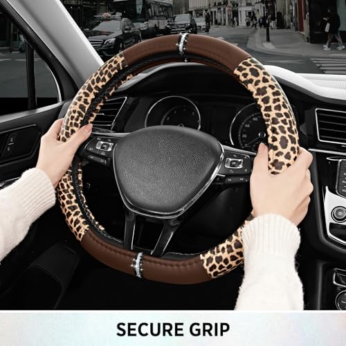 Road Comforts Leopard Steering Wheel Cover for Women, Cute Anti-Slip Microfiber Leather, Fits D Shape Flat Bottom Steering Wheel 14.5-15 Inch - Brown - color: D Shape-Brown