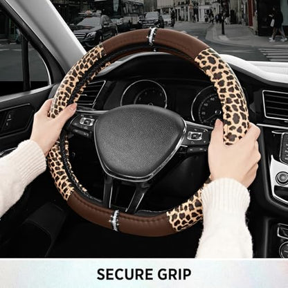 Road Comforts Leopard Steering Wheel Cover for Women, Cute Anti-Slip Microfiber Leather, Fits D Shape Flat Bottom Steering Wheel 14.5-15 Inch - Brown - color: D Shape-Brown