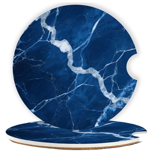 Car Cup Holder Coaster Set of 2, 2.56 in Ceramic Coasters, Scratch-Resistant Cork Backing, Finger Groove Design for Easy Placement, Cute Car Accessories Interior for Women (Dark Blue Marble) - color: Dark Blue Marble