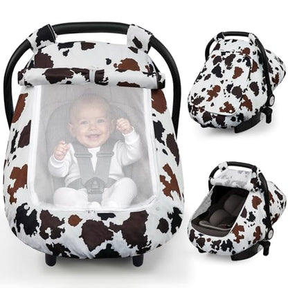 Elstey Car Seat Cover Baby, Minky Dot Carseat Covers Baby Boys Girls, Lightweight Infant Car Seat Cover Canopy with 2 Layers Breathable Mesh Windows, Stroller Carrier for Babies Newborn Essentials - color: Brown Black Cow