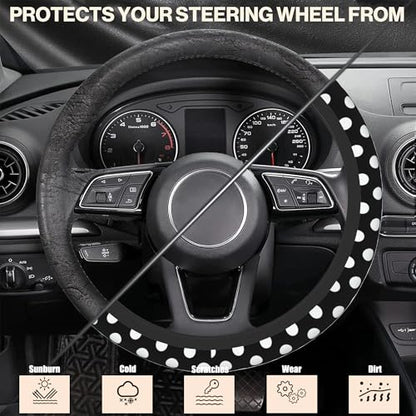 White Polka Dots Steering Wheel Covers Universal 15 Inch Car Wheel Cover,Anti-Slip Breathable Car Accessories Protector Fit for Trucks,Sedans,SUVs,Vans - color: White Polka Dots