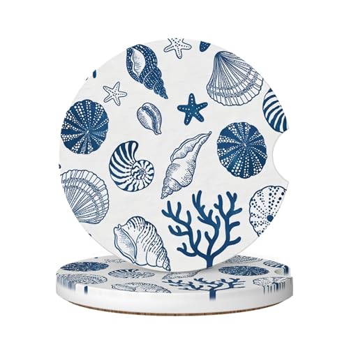 Absorbent Car Coasters for Cup Holders, 2 Pack Universal Anti Slip Ceramic Cup Coaster for Women Men 2.56 Inch Car Interior Accessories - Blue Sea Shell 013 - color: Blue Sea Shell 013